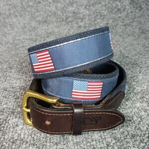 Vineyard Vines Belt Mens Size 38 Blue American Flag Embroidered Leather Strap